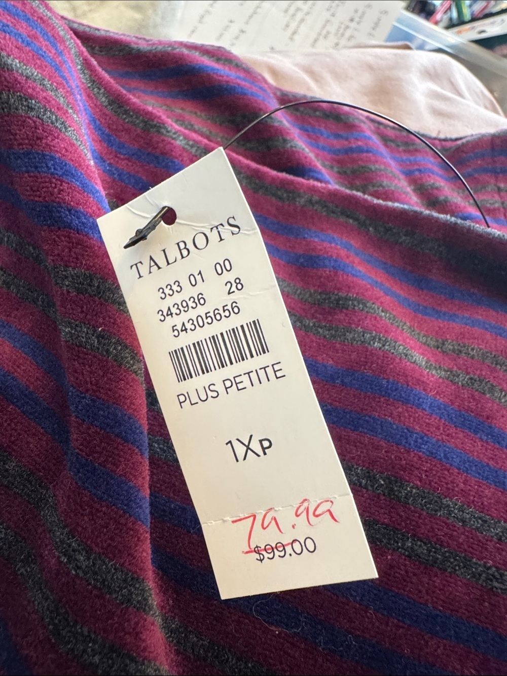 Talbots Striped Plus Petite Top in Burgundy, Blue & Gray